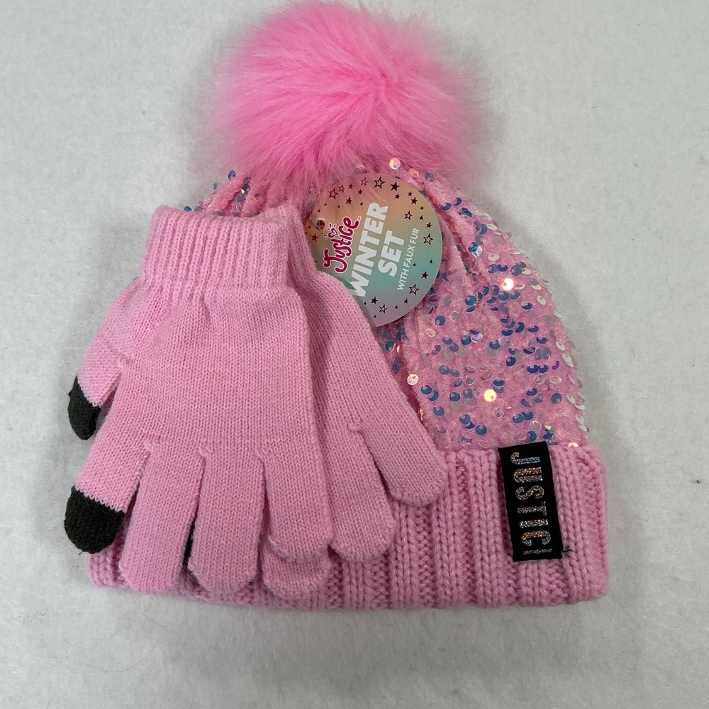 Justice Girls Pink Sequin Beanie and Gloves Winter Set Faux Fur Pom NWT